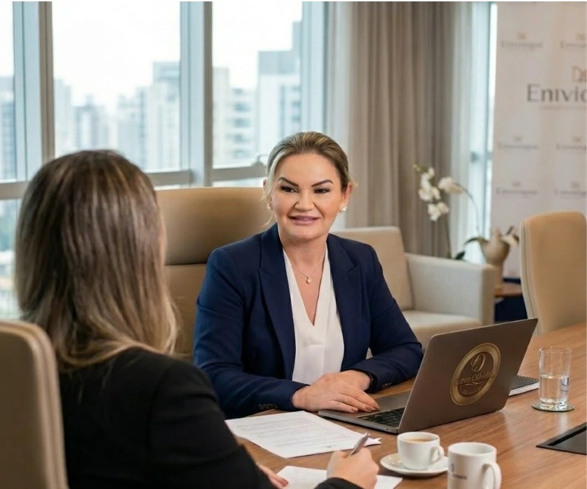 Dra. Caren Oliveira em reunião com cliente